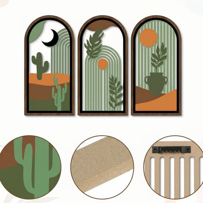 Trois Decoration murale bois arches, motifs abstraits nature, boho chic, moderne.