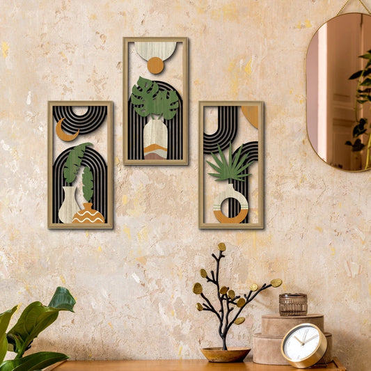 Trois cadres abstraits en bois, plantes, noir, beige, decoration murale bois.