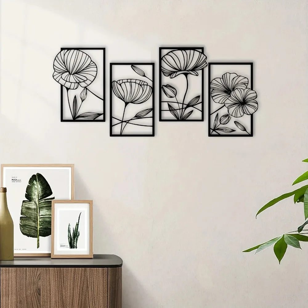 Decoration murale fleur : quatre panneaux floraux minimalistes noirs.