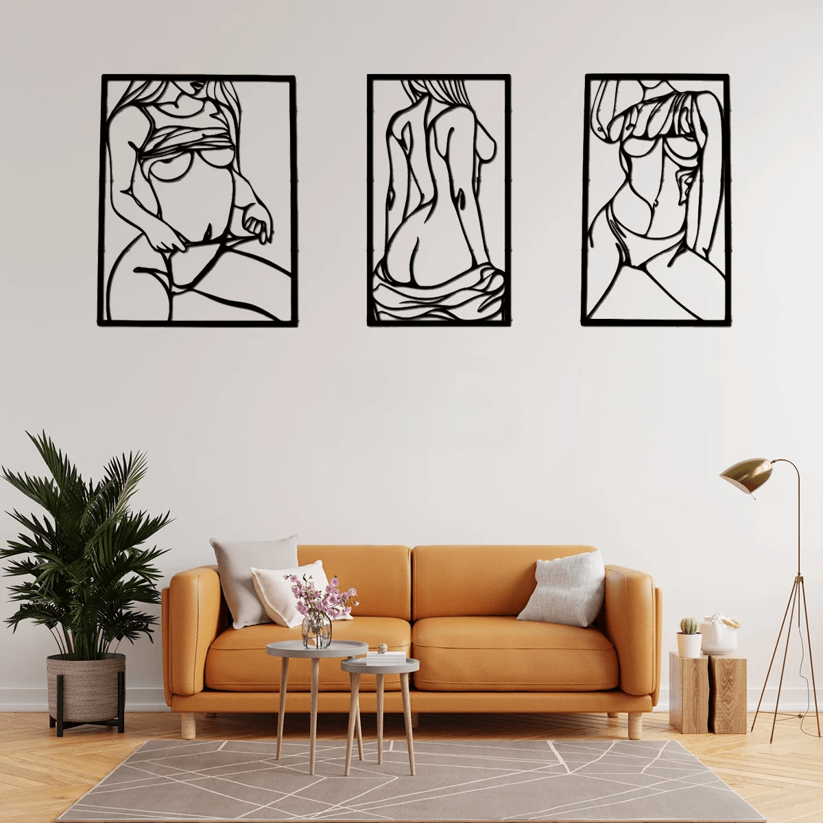 "Decors muraux metal : silhouette féminine abstraite, art moderne salon."