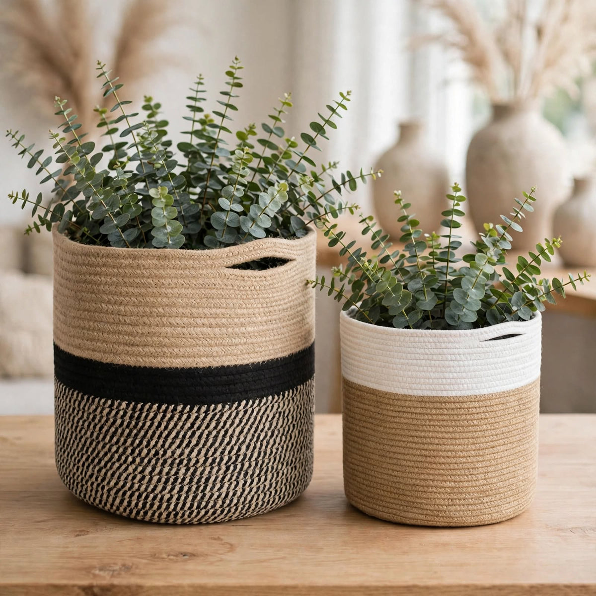 Deux cache-pots tressés beige et blanc avec eucalyptus