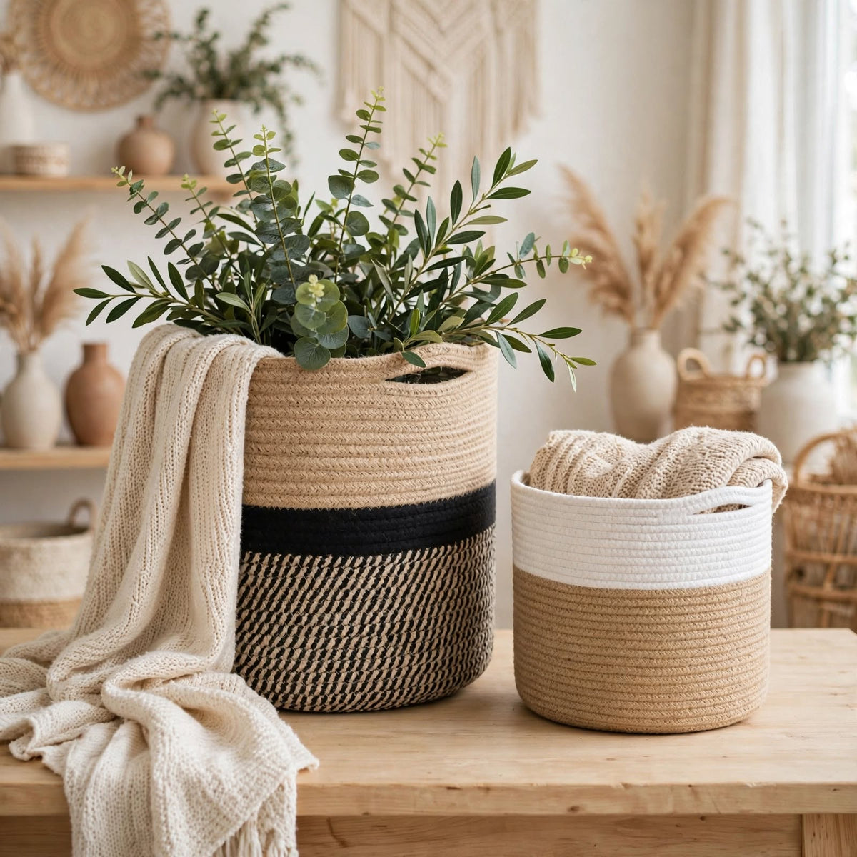 Duo paniers tressés 20cm et 30cm avec plante eucalyptus et plaid beige - corde coton bicolore blanc jute et beige bande noire rayée - déco salon bohème scandinave