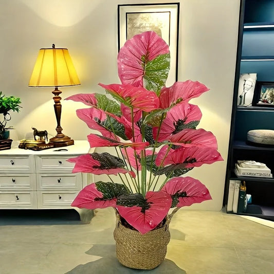 Grande plante artificielle rose vif, feuilles vertes, élégant intérieur moderne.
