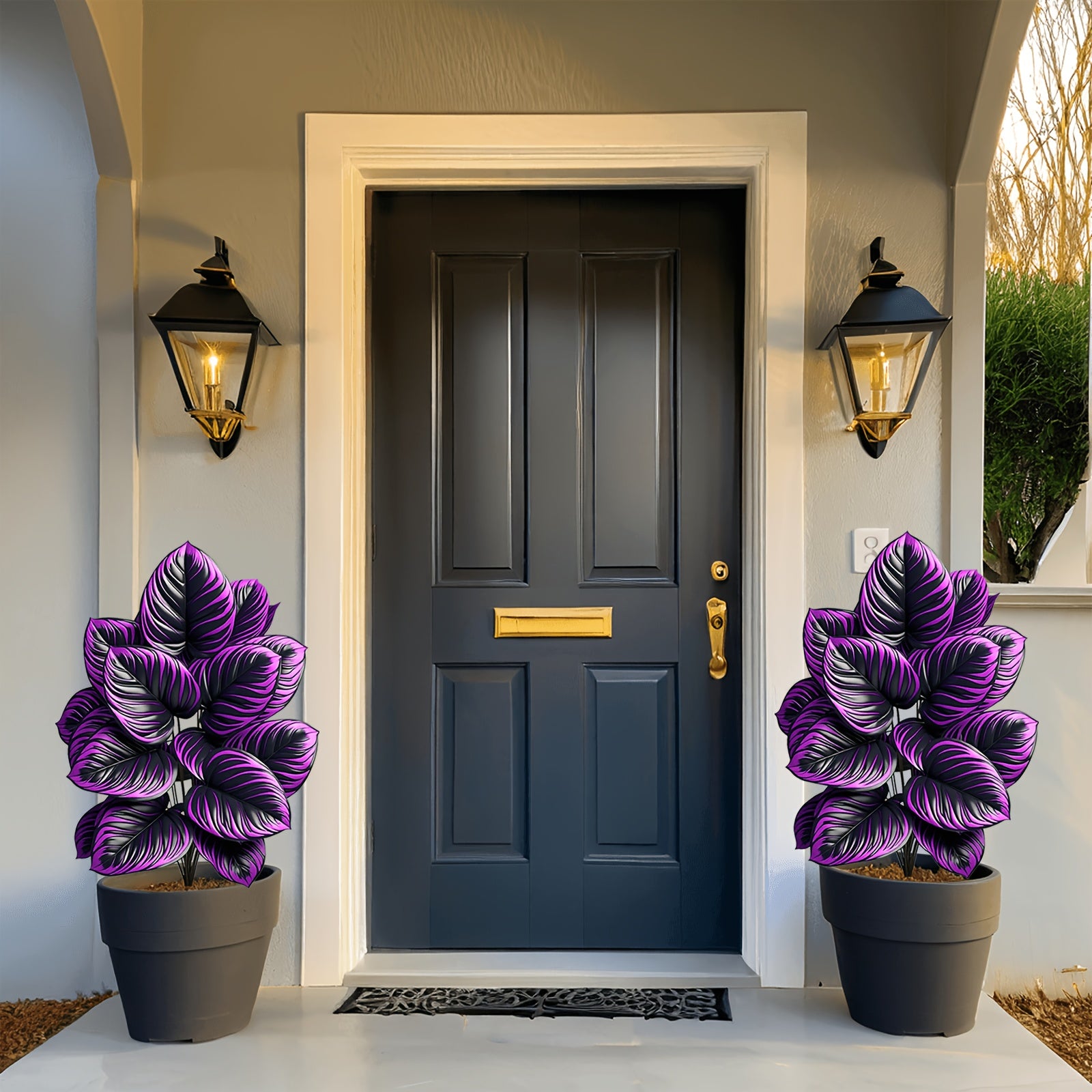 Porte d'entrée grise élégante encadrée de pots de Plante Artificielles Exterieur violettes éclatantes.