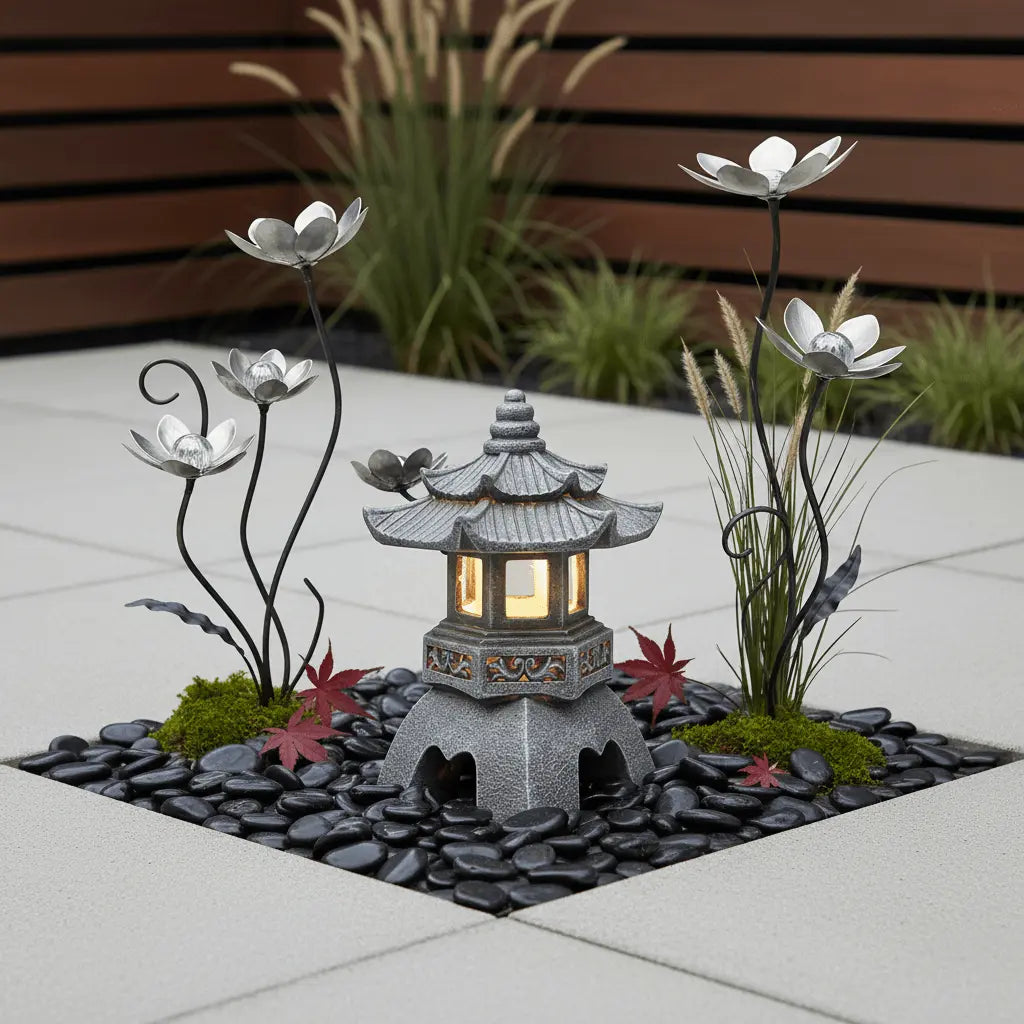 Espace extérieur design décoration jardin Lanterne métal contemporain signature visuelle élégance intemporelle