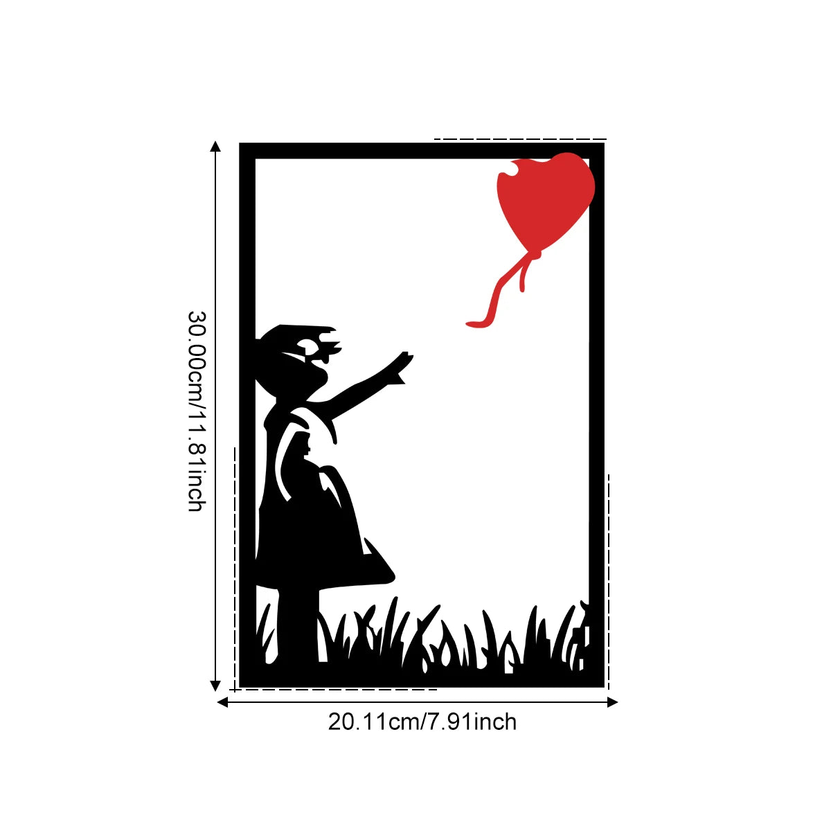 Décoration Murale pour Salon Fille noire silhouette, lâche ballon cœur rouge, herbe, cadre rectangulaire.