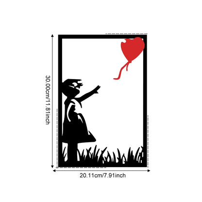 Décoration Murale pour Salon Fille noire silhouette, lâche ballon cœur rouge, herbe, cadre rectangulaire.