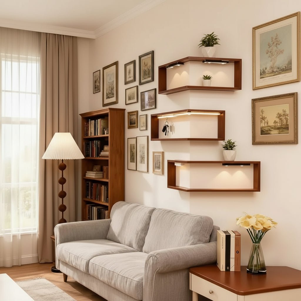 Etagere d angle murale bois naturel coin 90° livres plantes objets décoration intérieure
