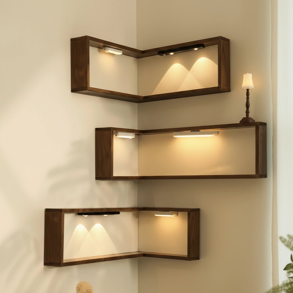 Etagere d angle murale forme L bois rustique rangement mural optimisation espace coin
