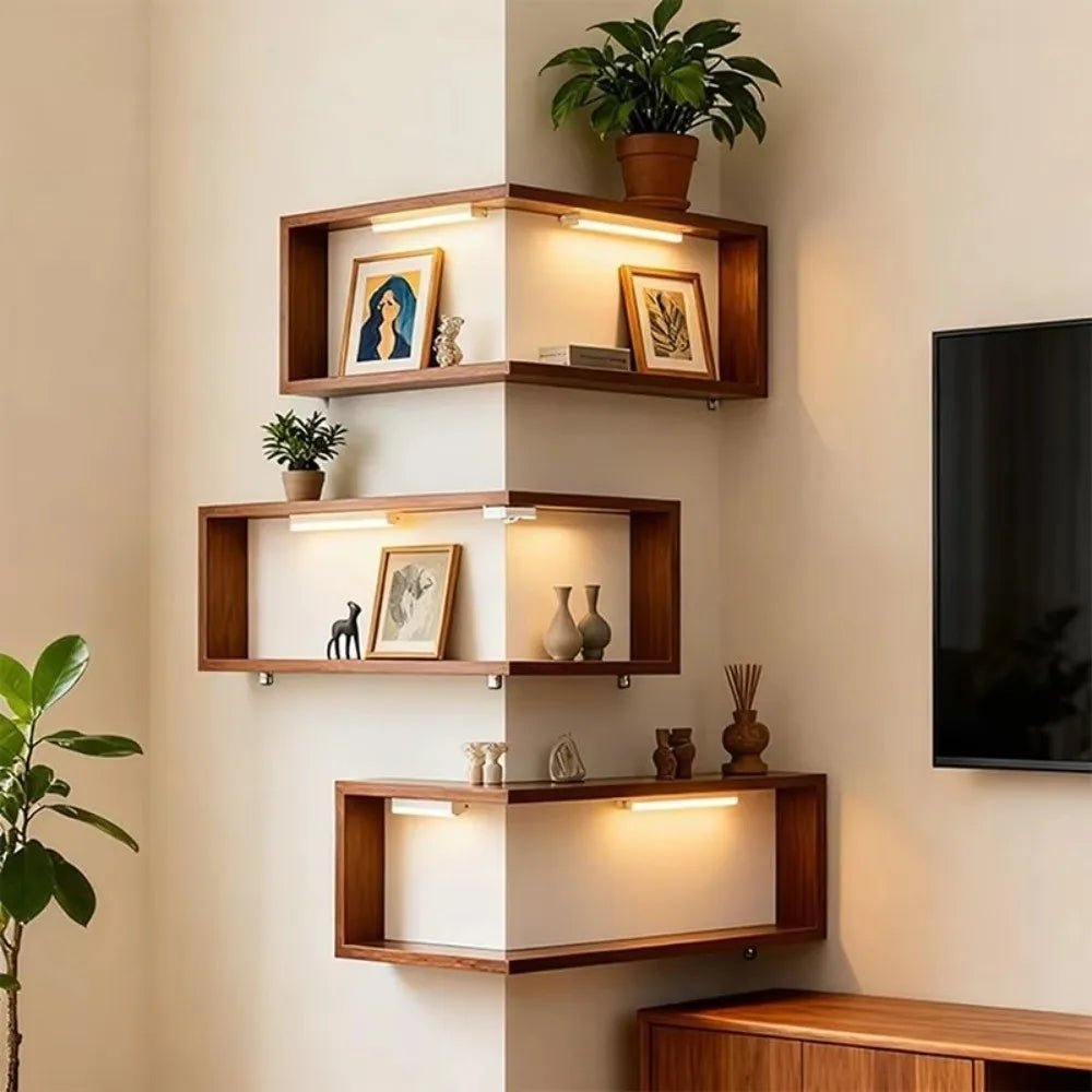 Etagere d angle murale forme L bois marron construction durable rangement angle 90° moderne
