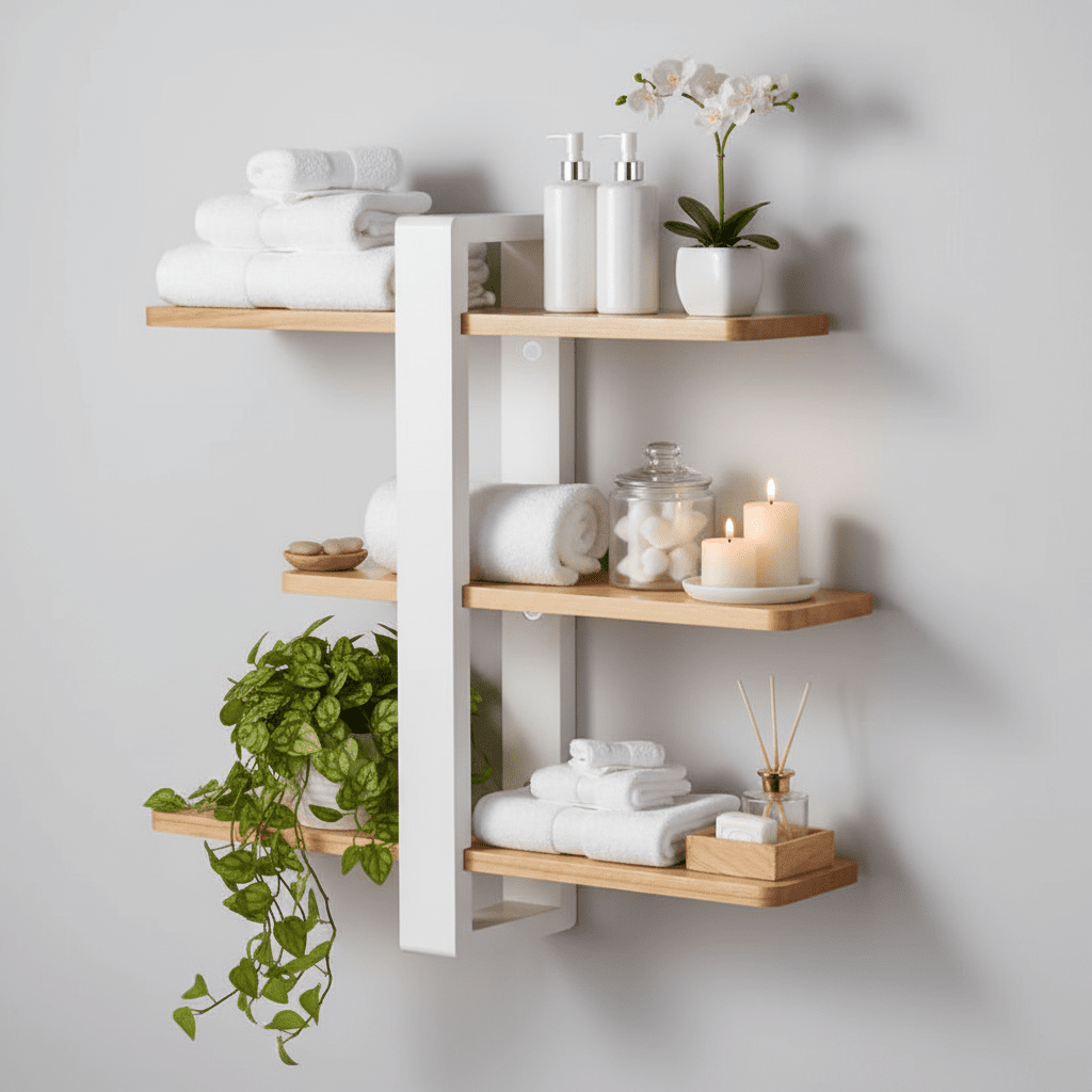Etagere murale blanche bureau en bois avec cahiers tasse de café et plantes succulentes, rangement mural minimaliste productif
