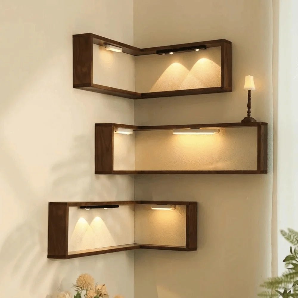 Etagere murale bois naturel LED angle 40cm installation facile accessoires inclus
