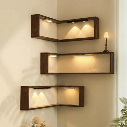 Etagere murale bois naturel LED angle 40cm installation facile accessoires inclus
