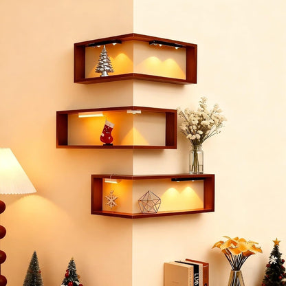 Etagere murale bois naturel LED éclairage chaleureux rangement angle objets décoratifs
