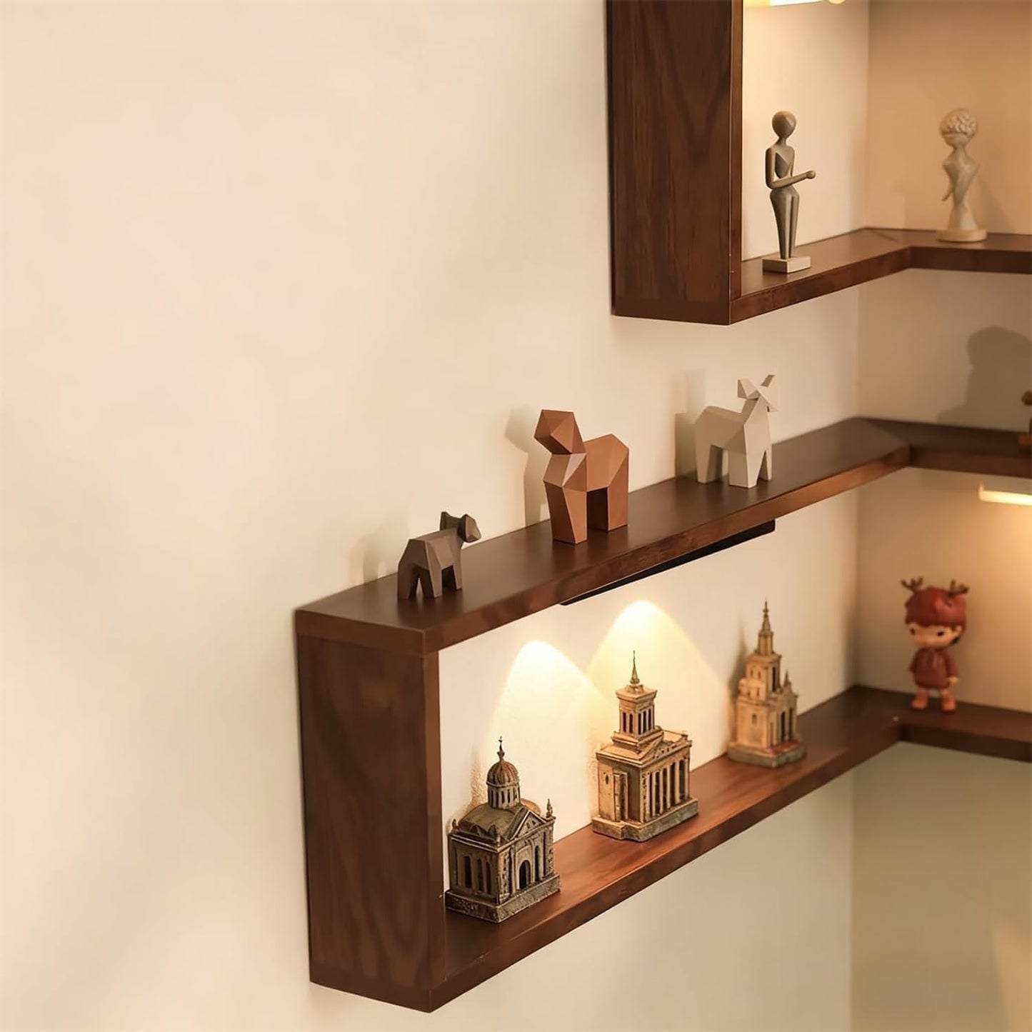 Etagere murale bois naturel LED packshot dimensions 40cm 20cm 8cm bande LED 20cm 13LED blanc chaud 3000K caractéristiques techniques français
