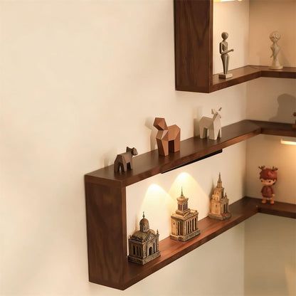 Etagere murale bois naturel LED packshot dimensions 40cm 20cm 8cm bande LED 20cm 13LED blanc chaud 3000K caractéristiques techniques français
