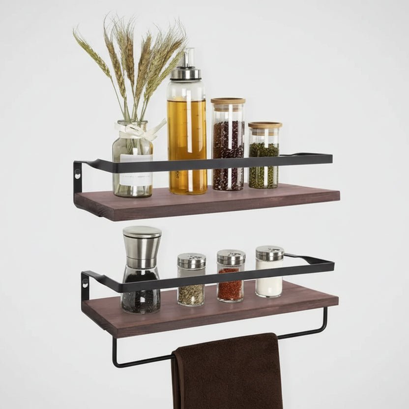 Etagere murale bois naturel pin 2 pièces 40cm barre serviettes métal noir salle bain
