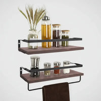 Etagere murale bois naturel pin 2 pièces 40cm barre serviettes métal noir salle bain
