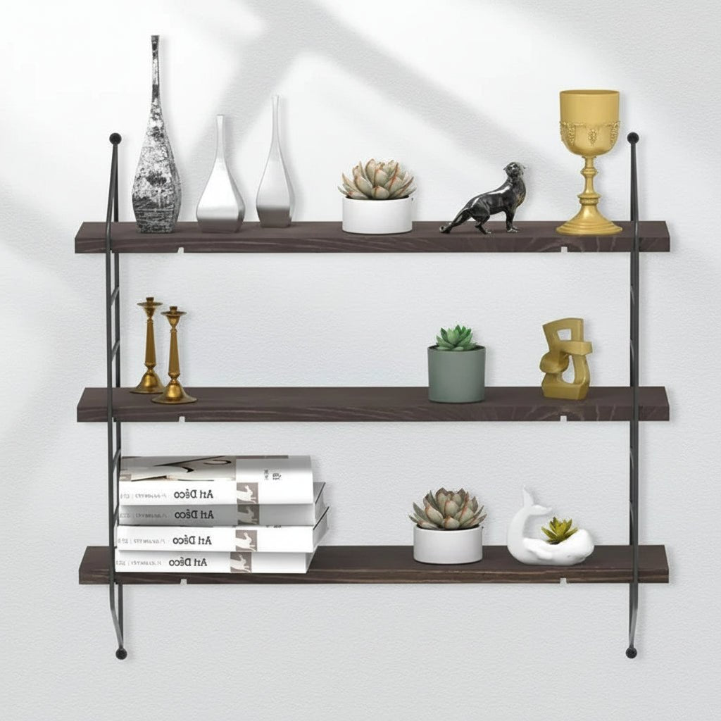 Etagere murale bois naturel pin 3 niveaux géométrique diamant 50cm métal noir design unique
