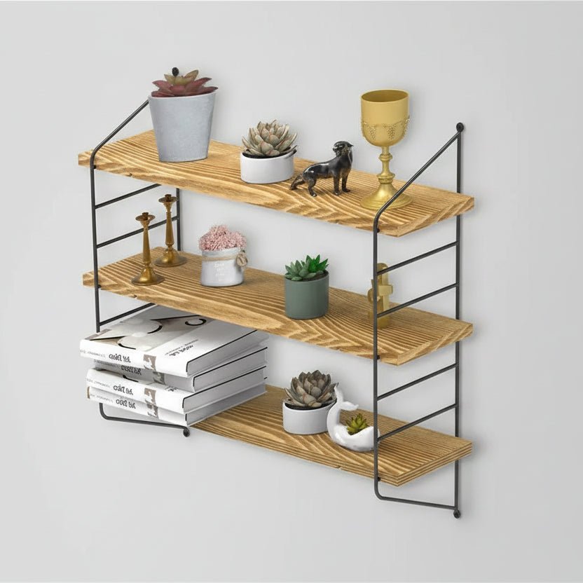 Etagere murale bois naturel pin 3 niveaux 58cm métal gris vertical cadre industriel moderne

