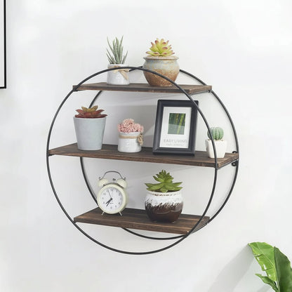 Etagere murale bois naturel pin 3 niveaux rond 50cm métal noir design circulaire moderne
