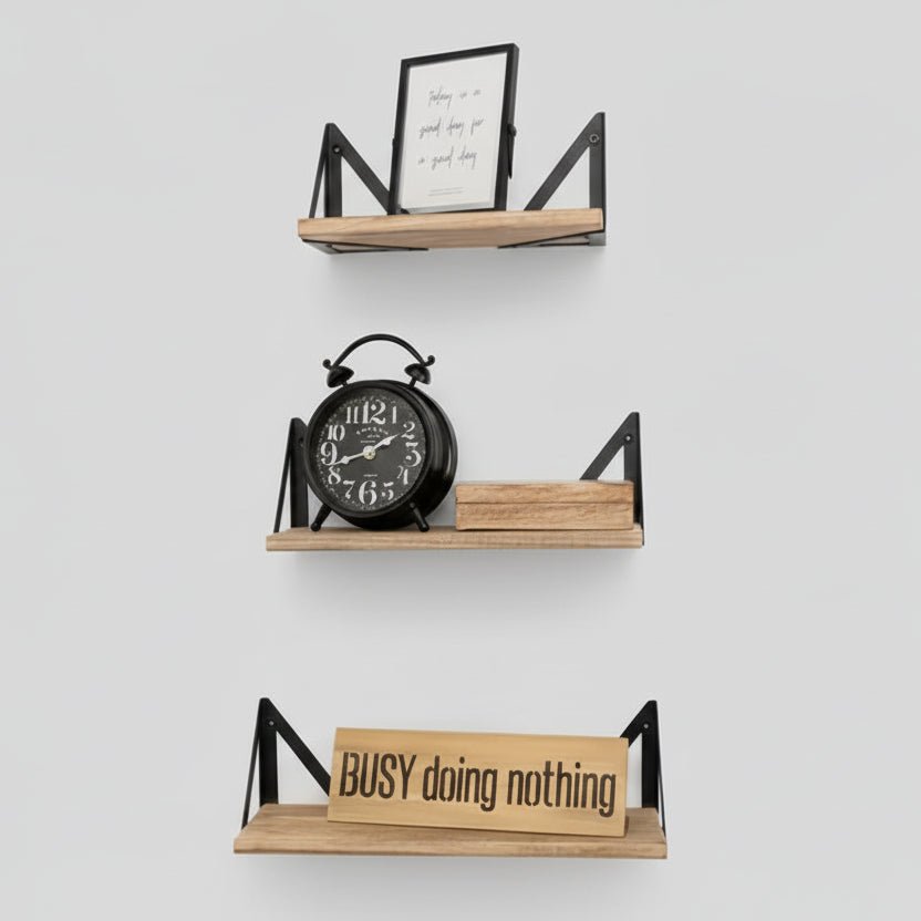 Etagere murale bois naturel pin lot 3 pièces 25cm 33cm 42cm métal noir rustique tailles graduées
