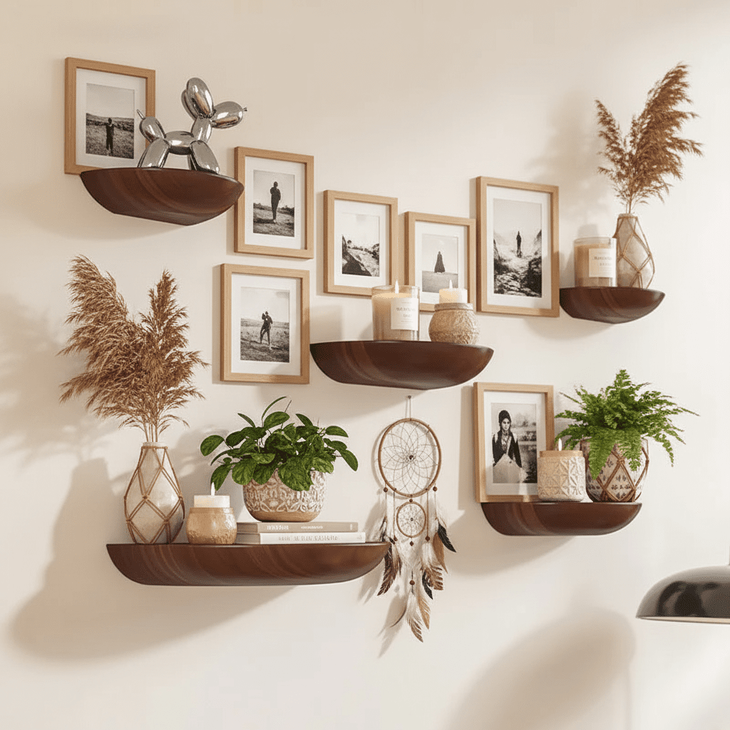 Etagere murale bois naturel semi-circulaire vue détaillée, solution de rangement mural style rustique moderne
