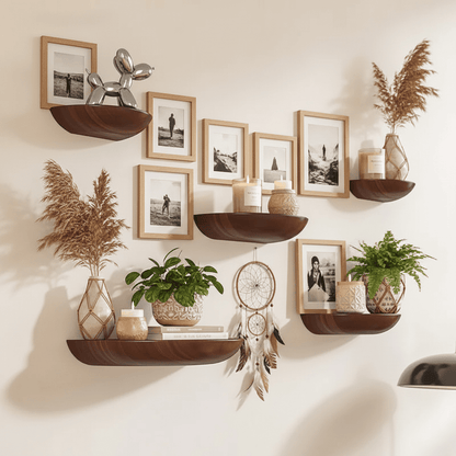 Etagere murale bois naturel semi-circulaire vue détaillée, solution de rangement mural style rustique moderne
