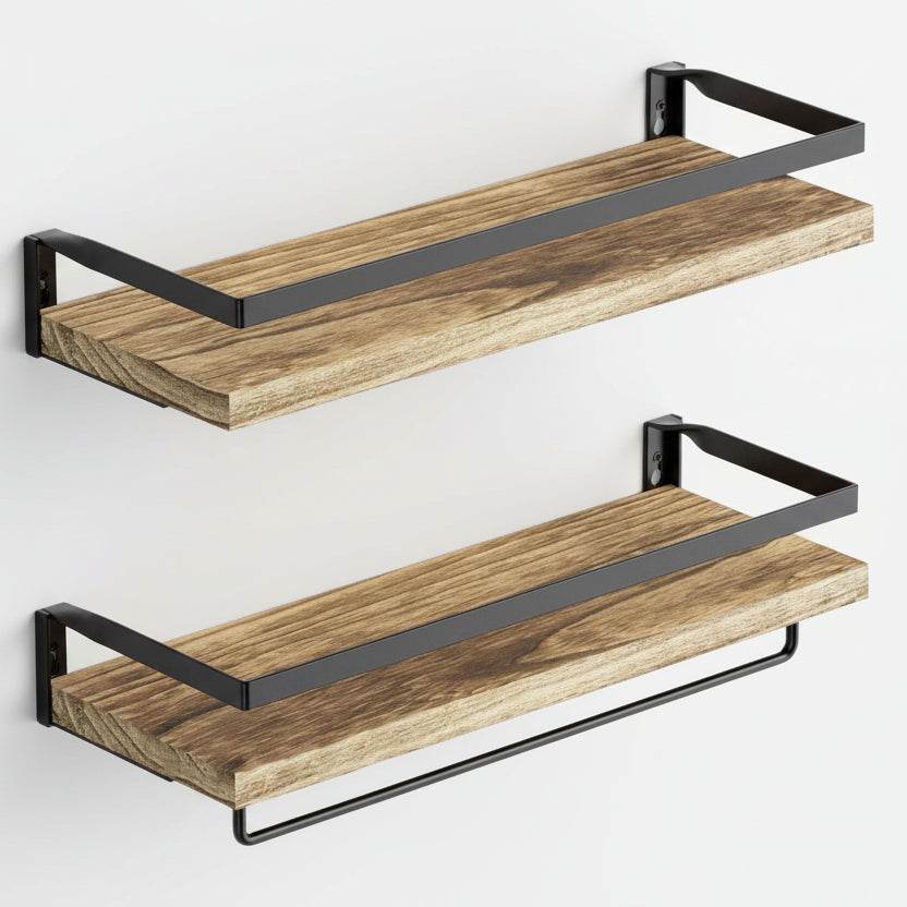 Etagere murale en bois double niveau brun clair massif rangement cuisine salle bain
