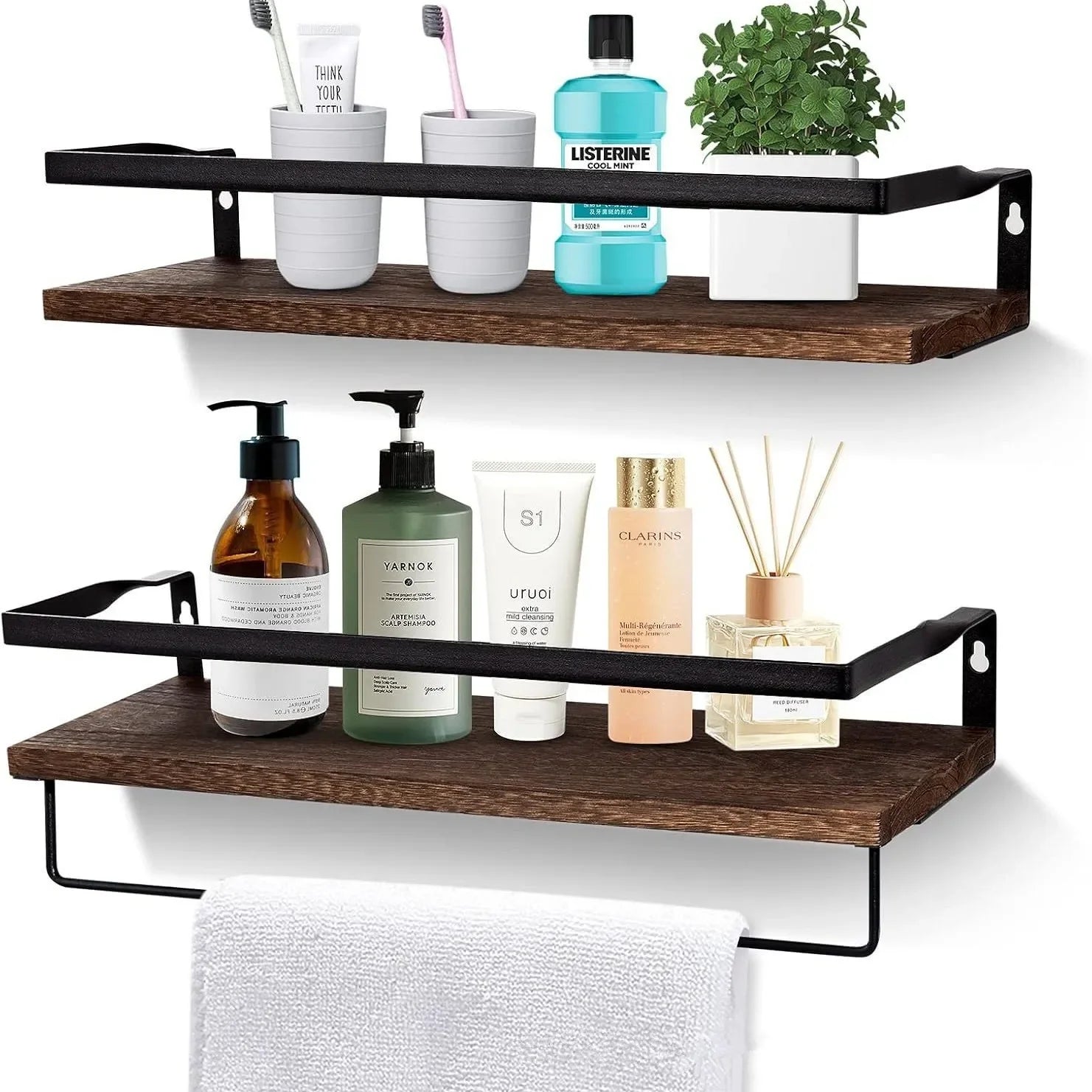 Etagere murale en bois naturel double plateau salle bain cosmétiques accessoires
