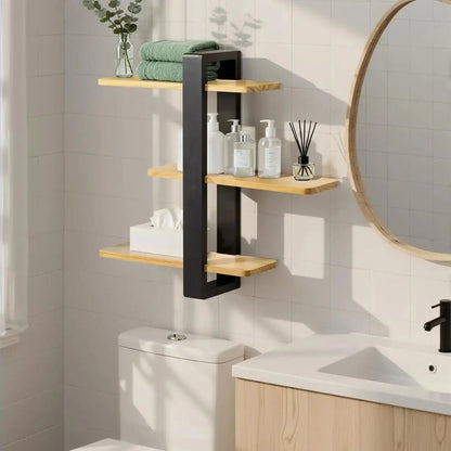 Etagere murale noire bois trois niveaux dans chambre avec cadres photos et livres, rangement mural organisé ambiance cosy
