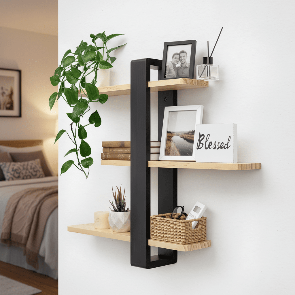 Etagere murale noire bois trois niveaux dans chambre avec cadres photos et livres, rangement mural organisé ambiance cosy