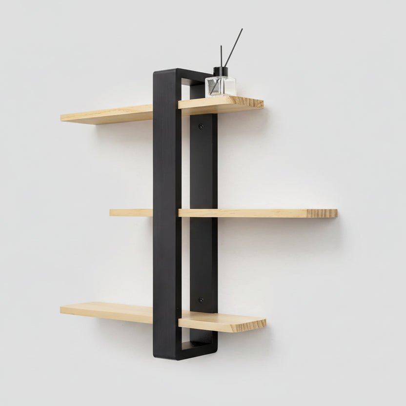 Etagere murale noire en bois 3 niveaux amovibles 50x58cm, rangement flottant moderne pour salon chambre cuisine bureau
