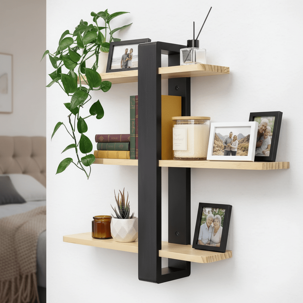 Etagere murale noire en bois massif trois étagères flottantes, solution de rangement mural style contemporain installation facile
