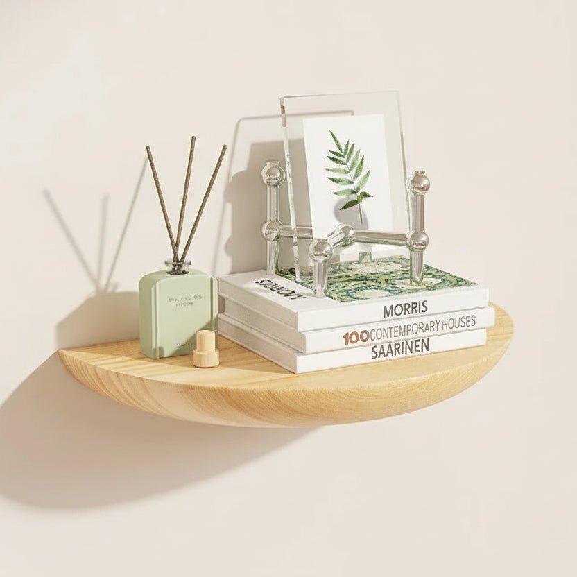 Etagere murale semi-circulaire bois naturel clair, solution de rangement mural flottant style organique authentique
