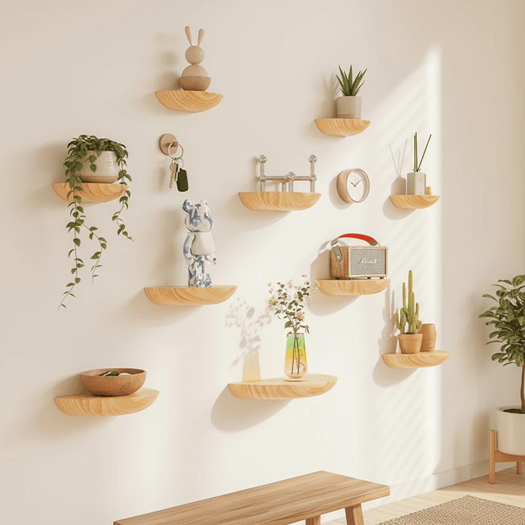 Etagere murale semi-circulaire bois naturel détail produit, rangement flottant design organique chaleureux
