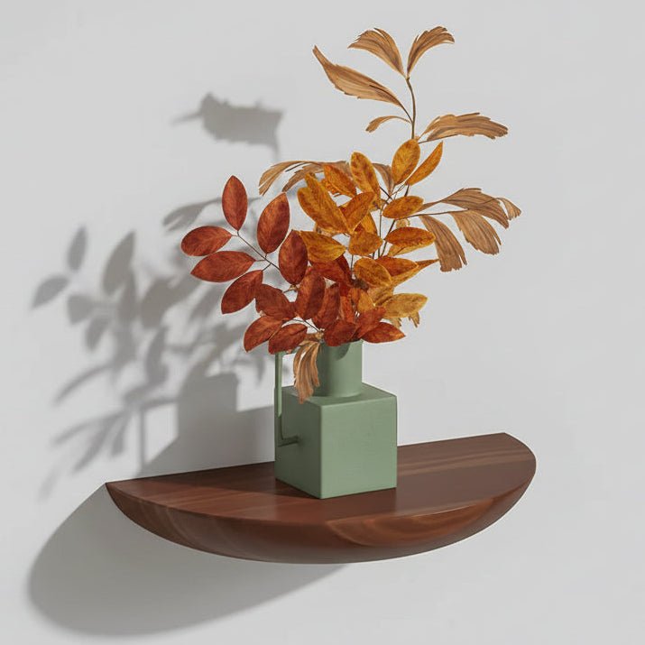 Etagere murale semi-circulaire bois naturel marron, rangement flottant bohème pour salon entrée cuisine chambre
