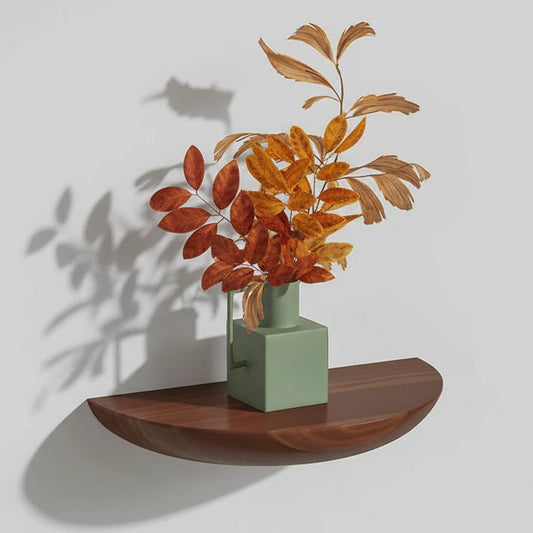 Etagere murale semi-circulaire bois naturel marron, rangement flottant bohème pour salon entrée cuisine chambre
