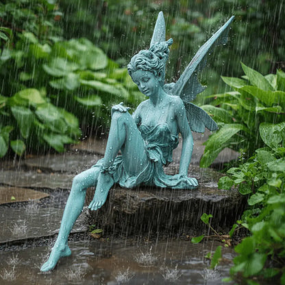 Fée résine décoration jardin résistante intempéries pluie finition turquoise patiné durabilité quatre saisons