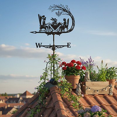 Famille admirant girouette de toit comme héritage décoratif multigénérationnel