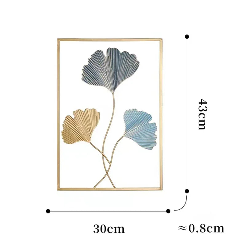 Decoration murale métal moderne feuilles ginkgo or bleu encadrées 43x30cm.