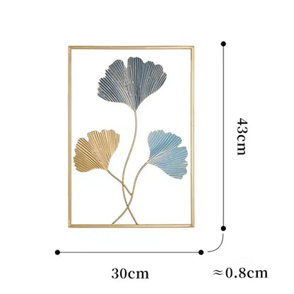 Decoration murale métal moderne feuilles ginkgo or bleu encadrées 43x30cm.