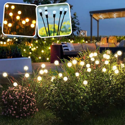 Un jardin de nuit illuminé par des sphères Lucio-Light™ ressemblant à des fleurs met en valeur un design moderne. Les images en médaillon soulignent la fonction détanchéité de ces lampes solaires pour jardin lecoledeschats. Un belvédère avec des sièges est visible en arrière-plan, soulignant une installation facile sans fil.