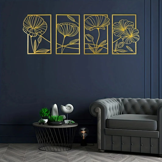 Quatre panneaux dorés minimalistes de décoration murale florale sur un mur bleu