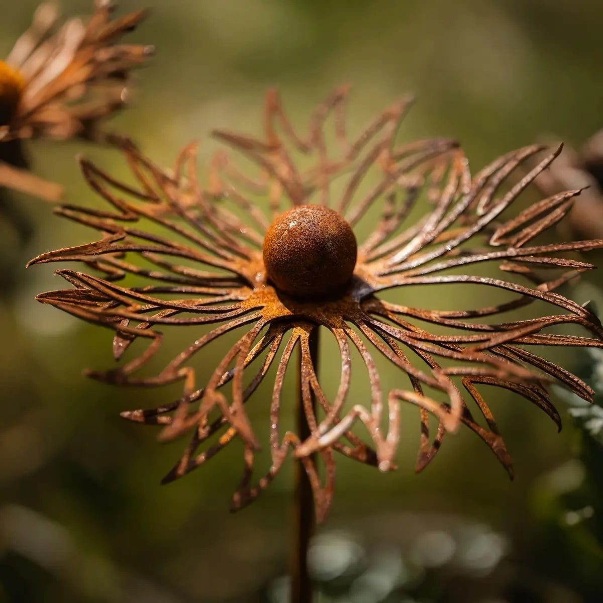Fleurs métalliques décoration jardin installées dans massif graminées