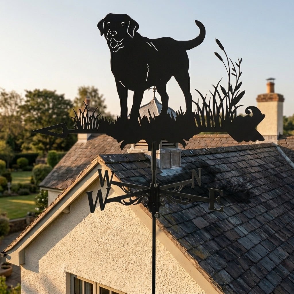 Silhouette de chien de la Girouette Animée Labrador qui tourne au vent au-dessus d'un toit de maison.