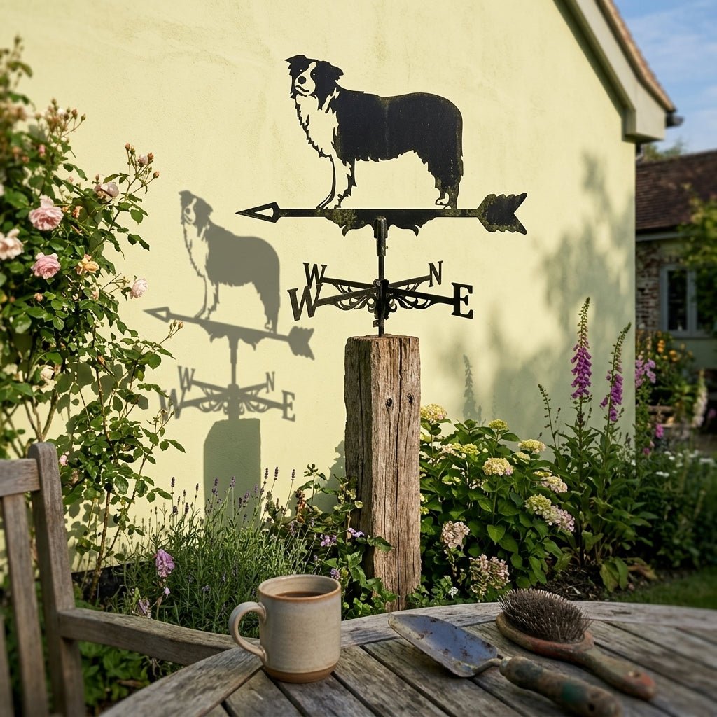 Girouette Animée avec silhouette de chien Berger Australien installée dans un jardin verdoyant près d'une maison.