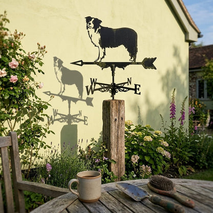 Girouette Animée avec silhouette de chien Berger Australien installée dans un jardin verdoyant près d'une maison.