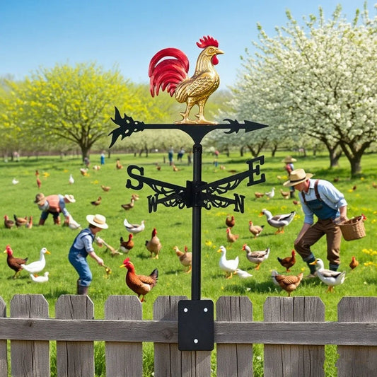 Girouette coq doré sur clôture, campagne animée, ciel bleu.