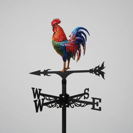 Girouette coq colorée sur poteau noir, indiquant les directions du vent.